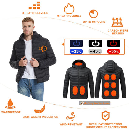 Heated Jacket, Men's and Women's Winter Warm Jacket, Smart USB Electric Heated Jacket with 9 Carbon Fiber Heating Pads